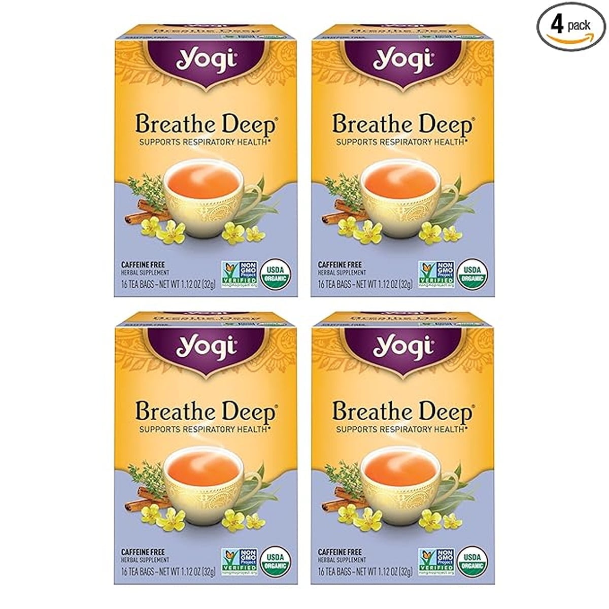 Yogi Tea - Breathe Deep - Supports Respiratory Health with Eucalyptus, Thyme, and Mullein Leaves - Caffeine Free - 64 Organic Herbal Tea Bags (4 pack)