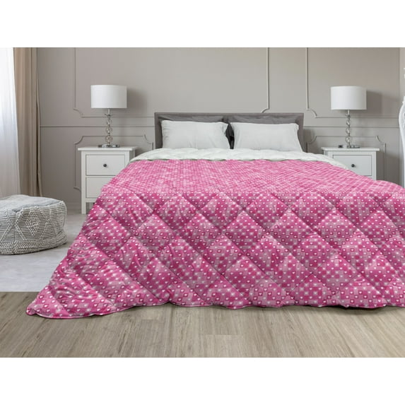 Valentines Down Alternative Comforter, Pastel Heart Lovers Teenage Romance Girly Birthday, Microfiber Quilt for All Season, 5 Sizes, Magenta Pink and White, by Ambesonne