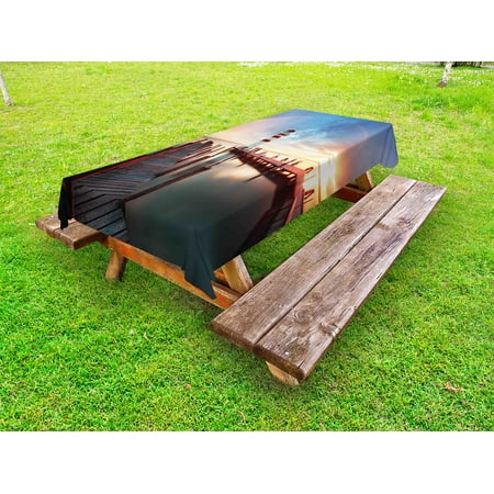 

Lighthouse Outdoor Tablecloth Sunset at Seaside Wooden Docks Lighthouse Clouds Rainbow Waterfront Reflection Decorative Washable Fabric Picnic Tablecloth 58 X 120 Inches Multicolor by Ambesonne
