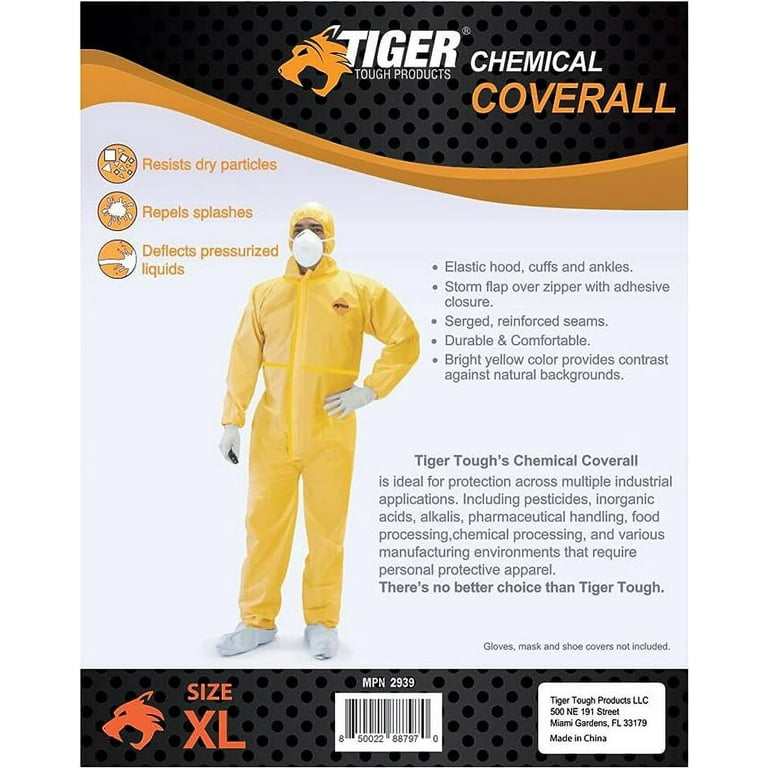 Tiger Tough Chemical Coverall - Protective Hazmat Suit with Hood, Zipper &  Elastic Waist for Industrial Use, Size X-Large, Single Pack 