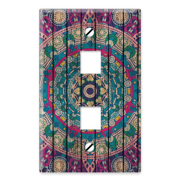 WIRESTER 2-Port Wall Plate for Keystone Jacks Modular Inserts Ethernet Cable, Bohemian Blue Mandala Wood Look
