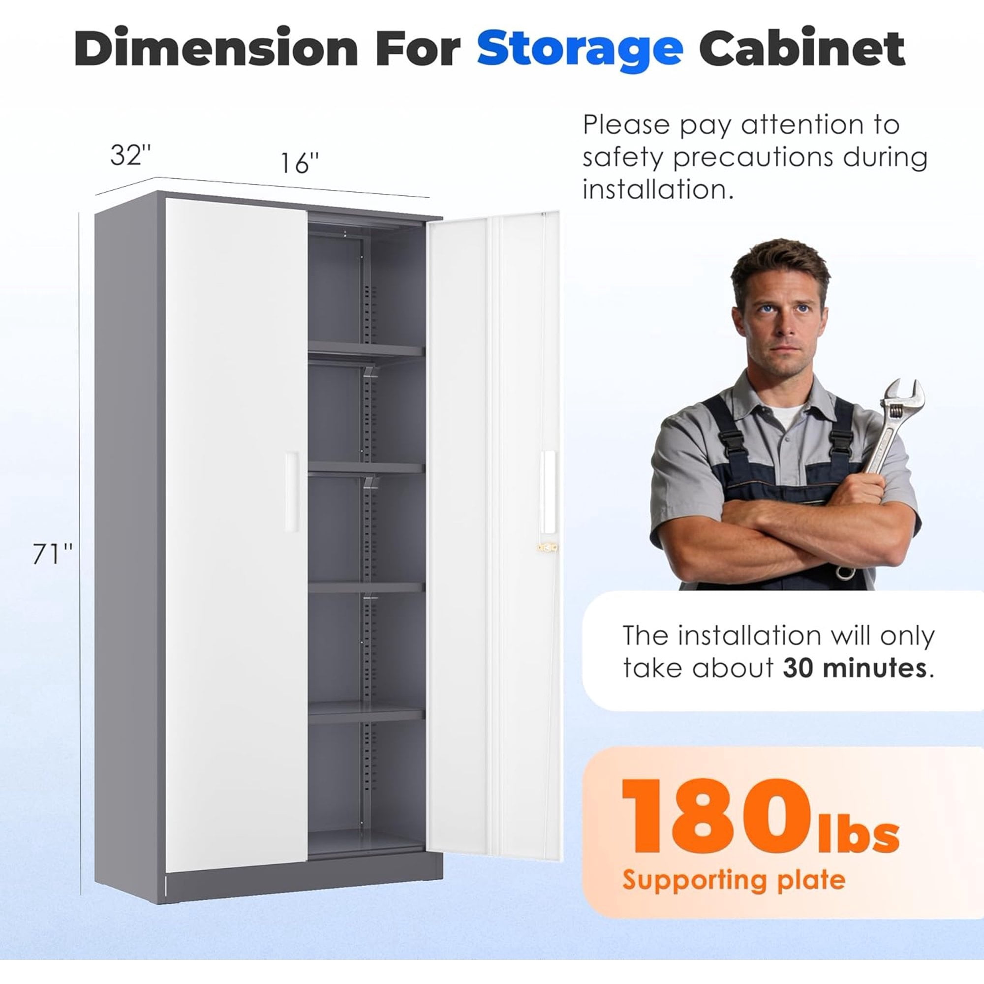 SOLAURA Metal Storage Office Cabinets with Locking Doors and Adjustable Shelves, 71 inch Tall Steel Storage Cabinet for Office, Home (Gray White)