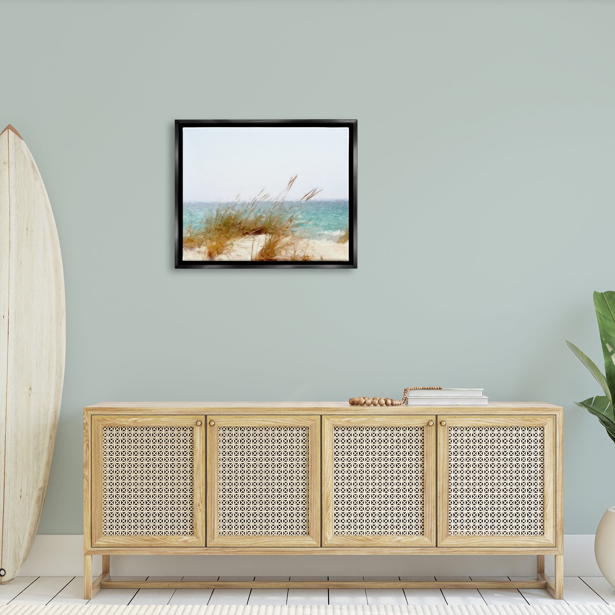 Stupell Beach Reeds Nautical Windblown Coast Landscape Painting Black Floater Framed Art Print Wall Art