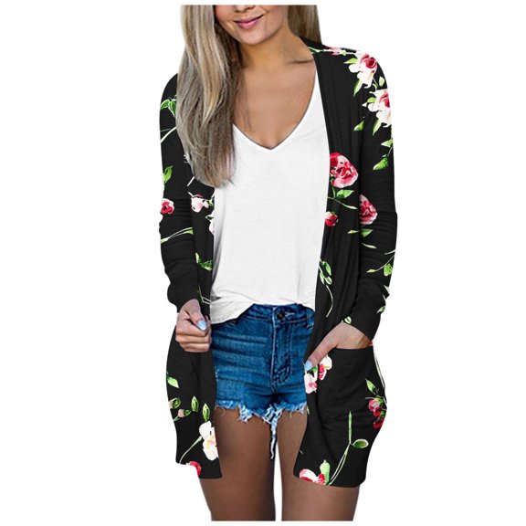 Womens Long Lightweight Cardigan with Pockets Trendy Floar Print Open Front Casual Loose Long Sleeve Cardigan for Women