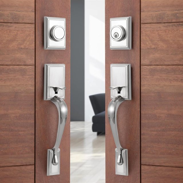 Ensemble de Poignées de Porte d'Entrée, Ensemble de Serrure de Porte d'Entrée en Nickel Satiné, Ensemble de Poignées d'Entrée avec Serrure, Pêne Dormant à Cylindre Simple et Poignée à Bouton, Réversible pour Portes Droitier et Gaucher (Antique_