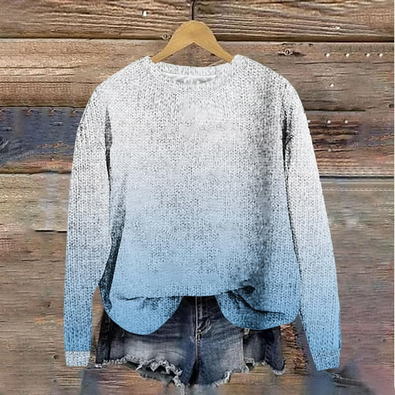 Womens Sweater Long Sleeve Gradient Printed Casual Loose Hoodless Sweater Blouse Light Blue L Sweater for Women