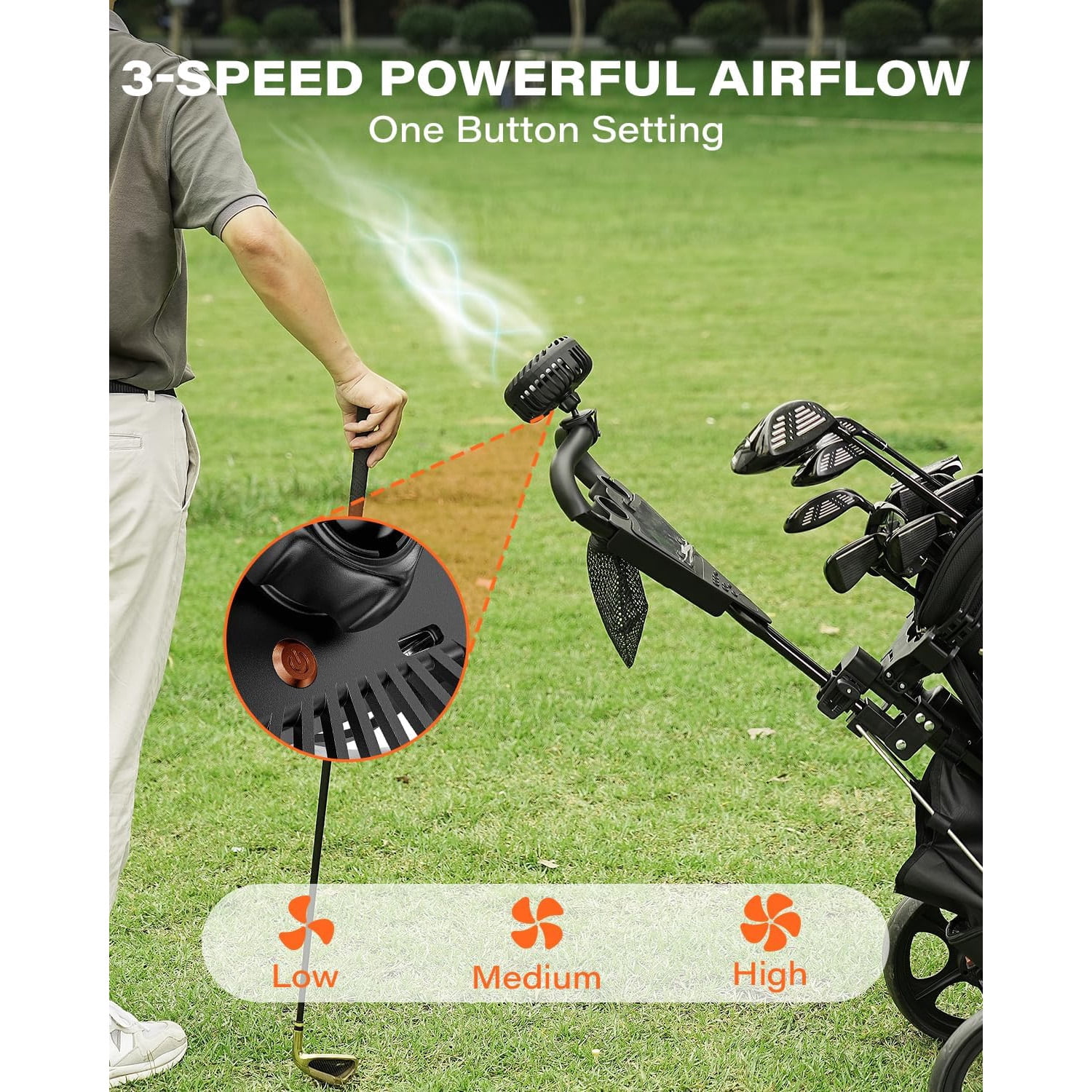 A2C Portable Fan with Adjustable Strap, Hands-Free Rechargeable Fan for Golf Cart, Forklifts, Lawn Mowers, 3 Speeds
