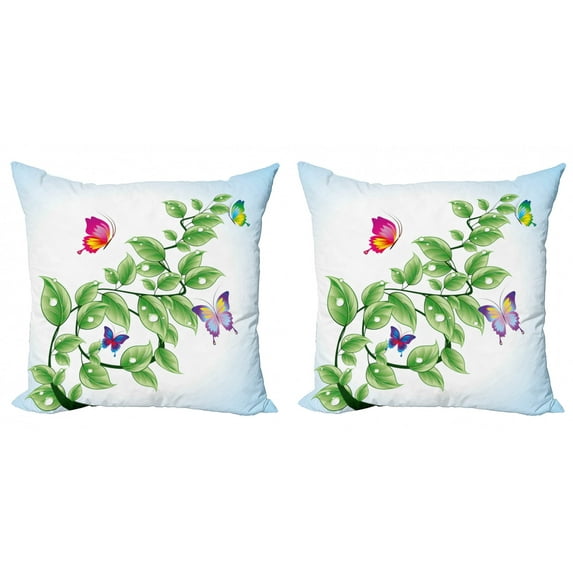 Ambesonne Nature Throw Pillow Cover 2 Pack, Floral Leaves Branches, 16", Fern Green Pale Blue