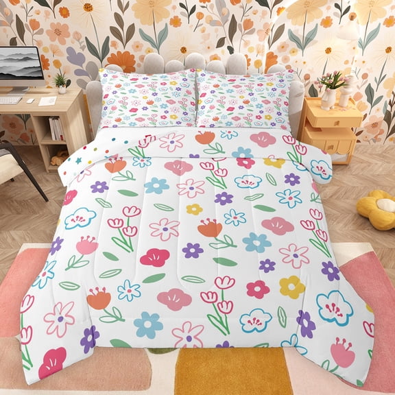 jejeloiu Kawaii Flowers Bedding Comforter Set,Watercolor Graffiti Floral Twin Comforter Sets,Cartoon Daisy Tulip Bedding Set For Girls Teens,Luxury Bedroom Decor Reversible,2 Pieces