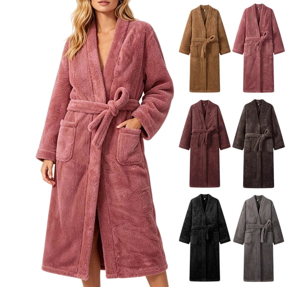 Ihhxva Long Sleeve Pajama Set for Women Winter Relaxed Fit Quick Dry Hooded Bathrobe with Pockets Plush Robe