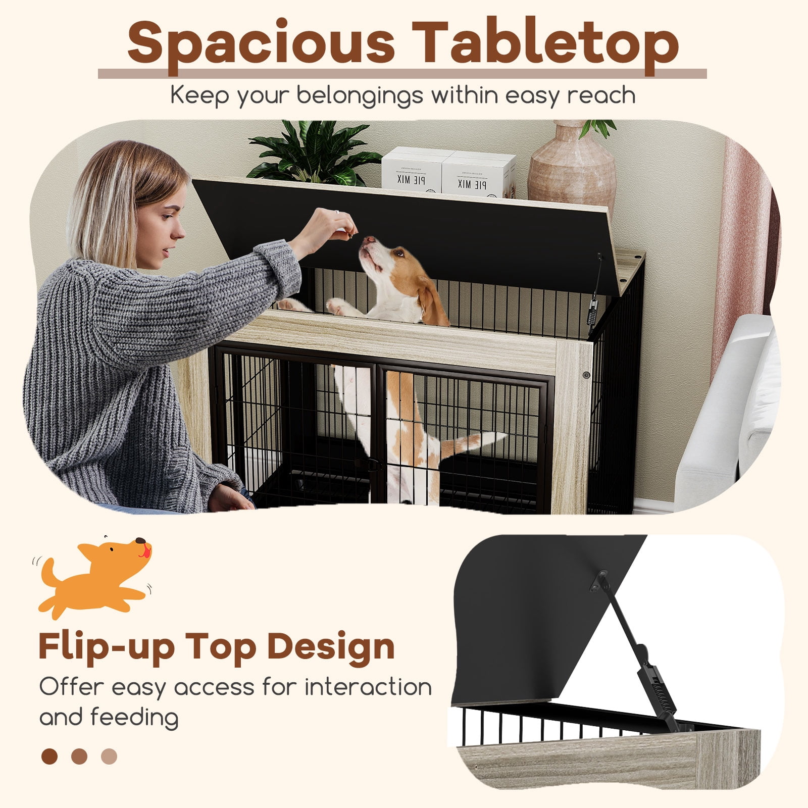 Gymax Dog Crate Furniture Industrial Dog Kennel w/ Flip-up Top Decorative Pet House Gray