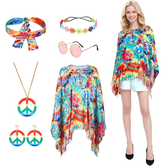 Alaiyaky Women's Hippie Costume 60s 70s Hippie Clothing with Poncho Necklace Earrings Sunglasses Fancy Dress Costume for Carnival Party Pack of 6