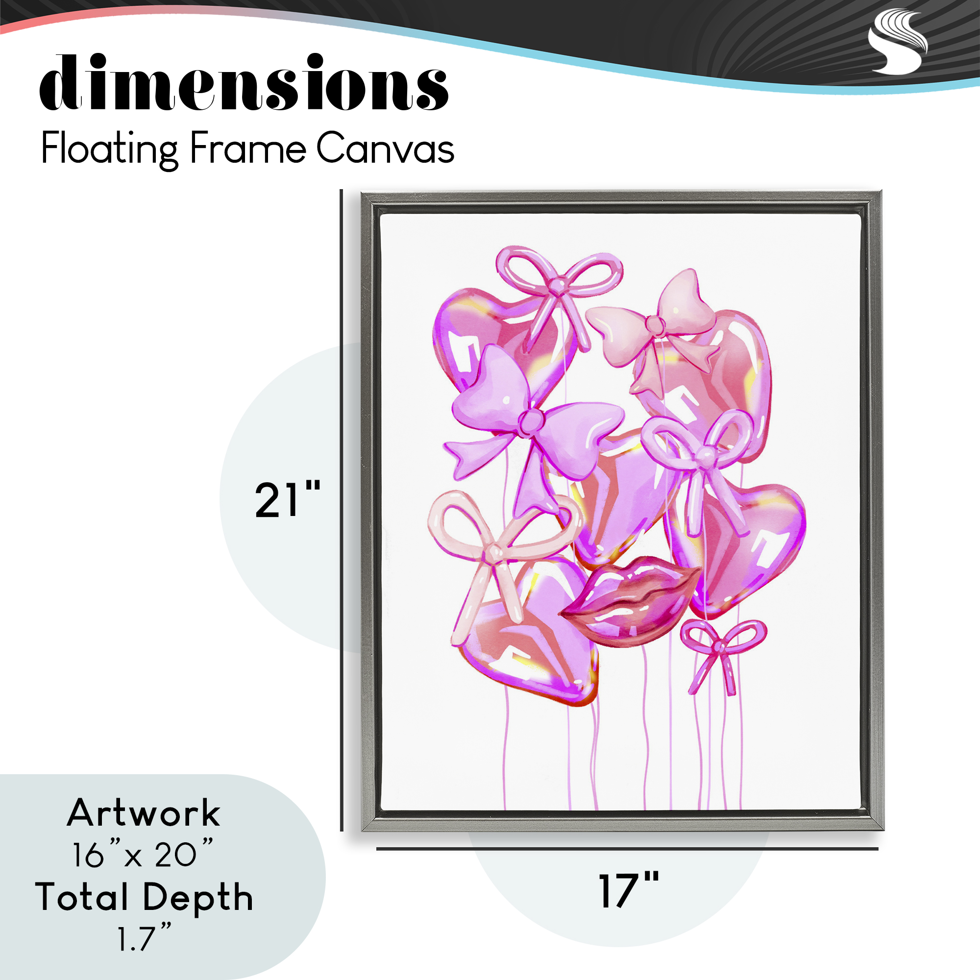 Pink Heart and Bow Balloons Gray Framed Floater Canvas Wall Art, design by Ziwei Li