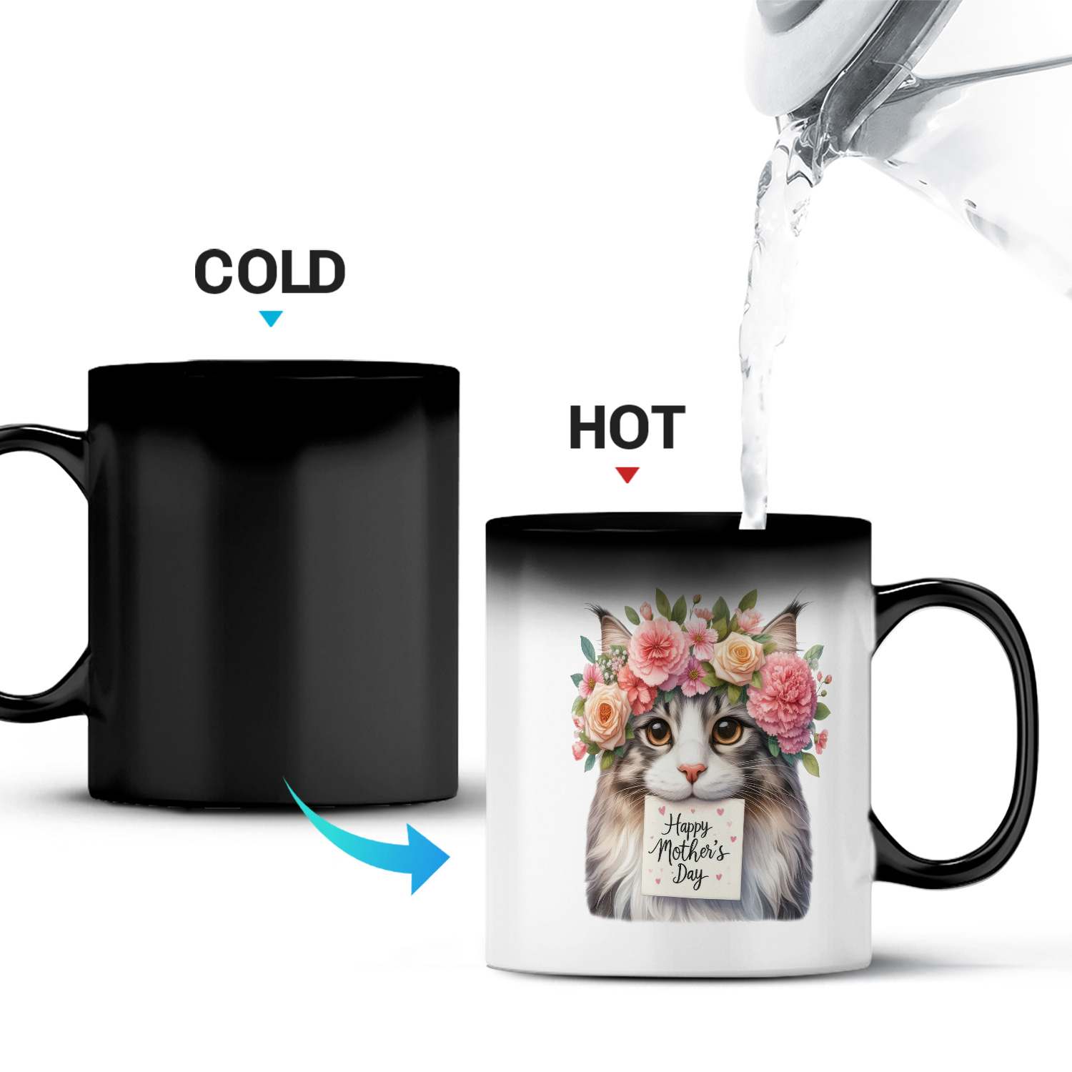 Happy Mother's Day Maine Coon with Flower Crown and Greeting Card Heat Color Changing Mug Cat Lover Kitten Owner Gifts Magic Coffee Mug - 13004
