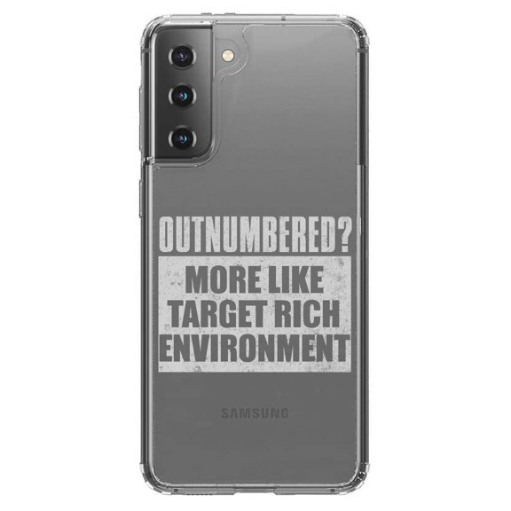 DistinctInk Clear Shockproof Hybrid Case for Galaxy S21 5G (6.2" Screen) - TPU Bumper Acrylic Back Tempered Glass Screen Protector - Outnumbered? Target Rich Environment