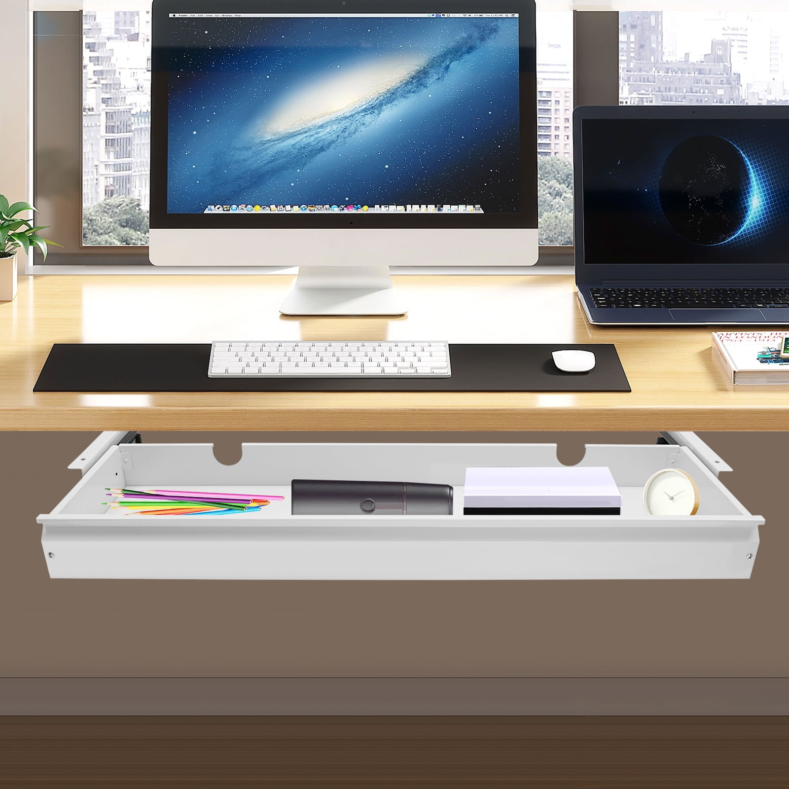 Under Desk Mounted Sliding Pull-out Drawer, Storage Organizer for Sit Stand Workstation, Pull-out Drawer
