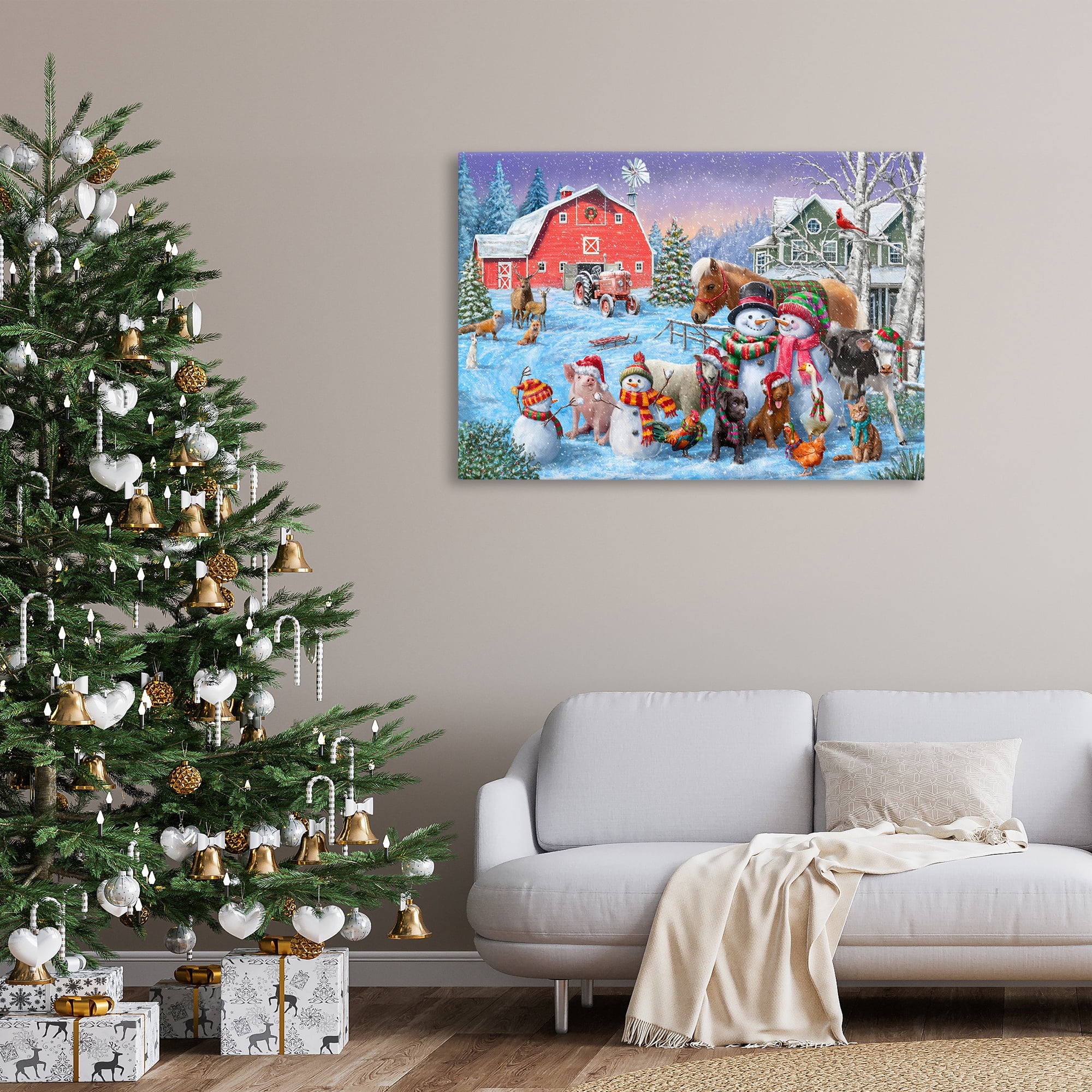 Stupell Industries Snowman & Dogs Family Holiday Painting Gallery Wrapped Canvas Art Prints Wall Art, 45 x 30