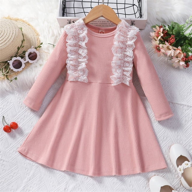 XEGLSBU Toddler Kids Girls Fashionable Lace Long Sleeves Ribbed Princess Dress