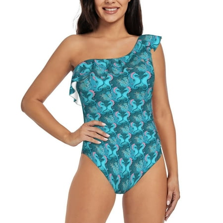 Qokaie Seahorse Print Women s One Piece Swimsuits Tummy Control Bathing Suits Asymmetric One Shoulder Swimwear-X-Large