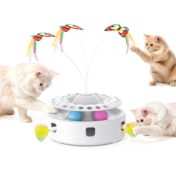 3 in 1 Automatic Interactive Cat Toys,Kitten Toy With Fluttering Butterfly, Moving Feather, Track Balls, Dual Power Supplies, USB Powered (White)