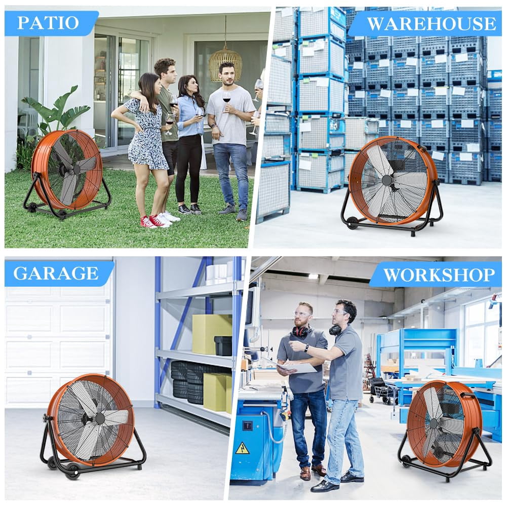 Nordic Hygge 24 in. High-Velocity 3-Speed Industrial Drum Fan with Wheels and Adjustable Tilt in Orange
