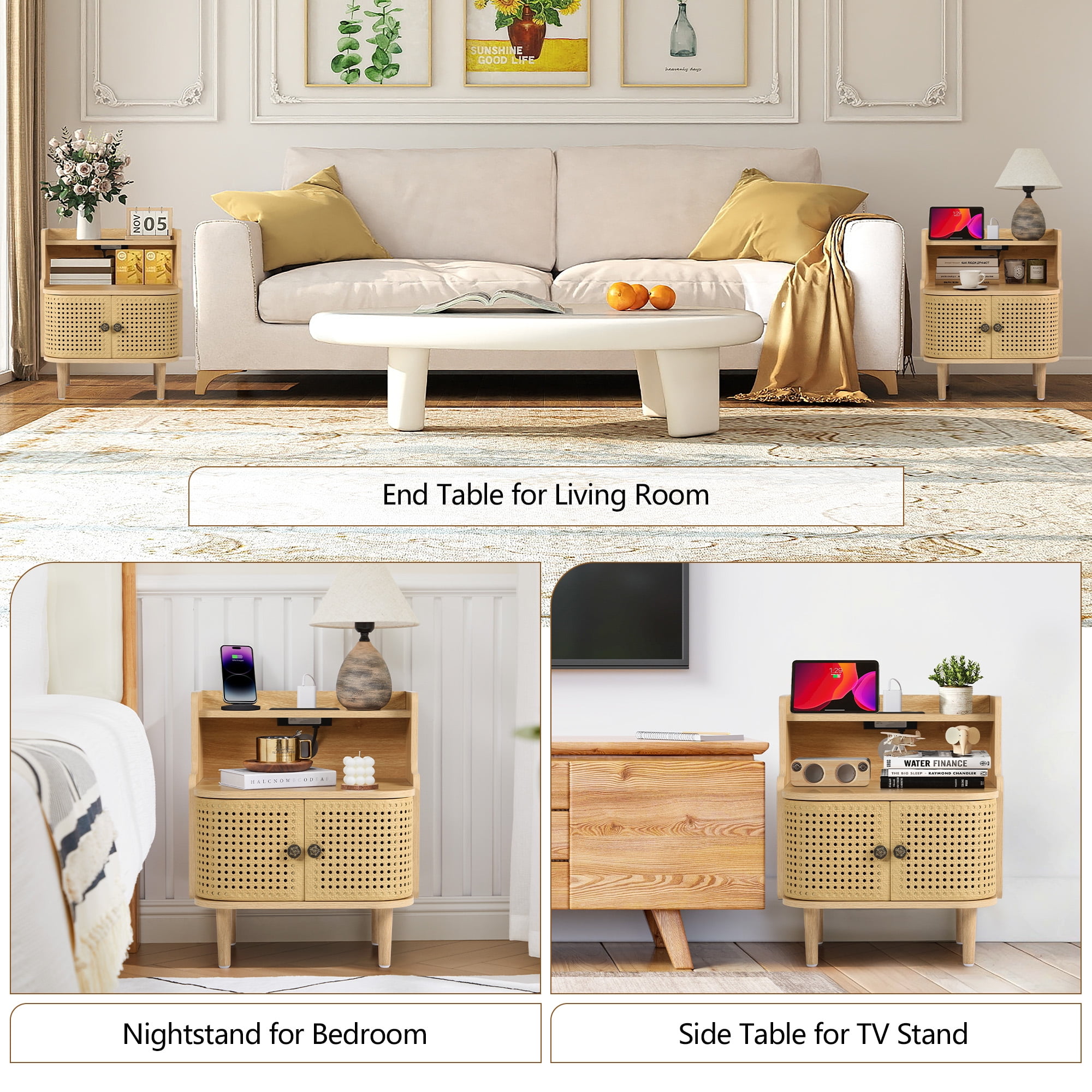 YOCWO Large Storage Nightstand with Charging Station Iron Rattern Pattern, Farmhouse Square End Table with 2 Door and Open Shelf for Bedroom Living Room, Natural