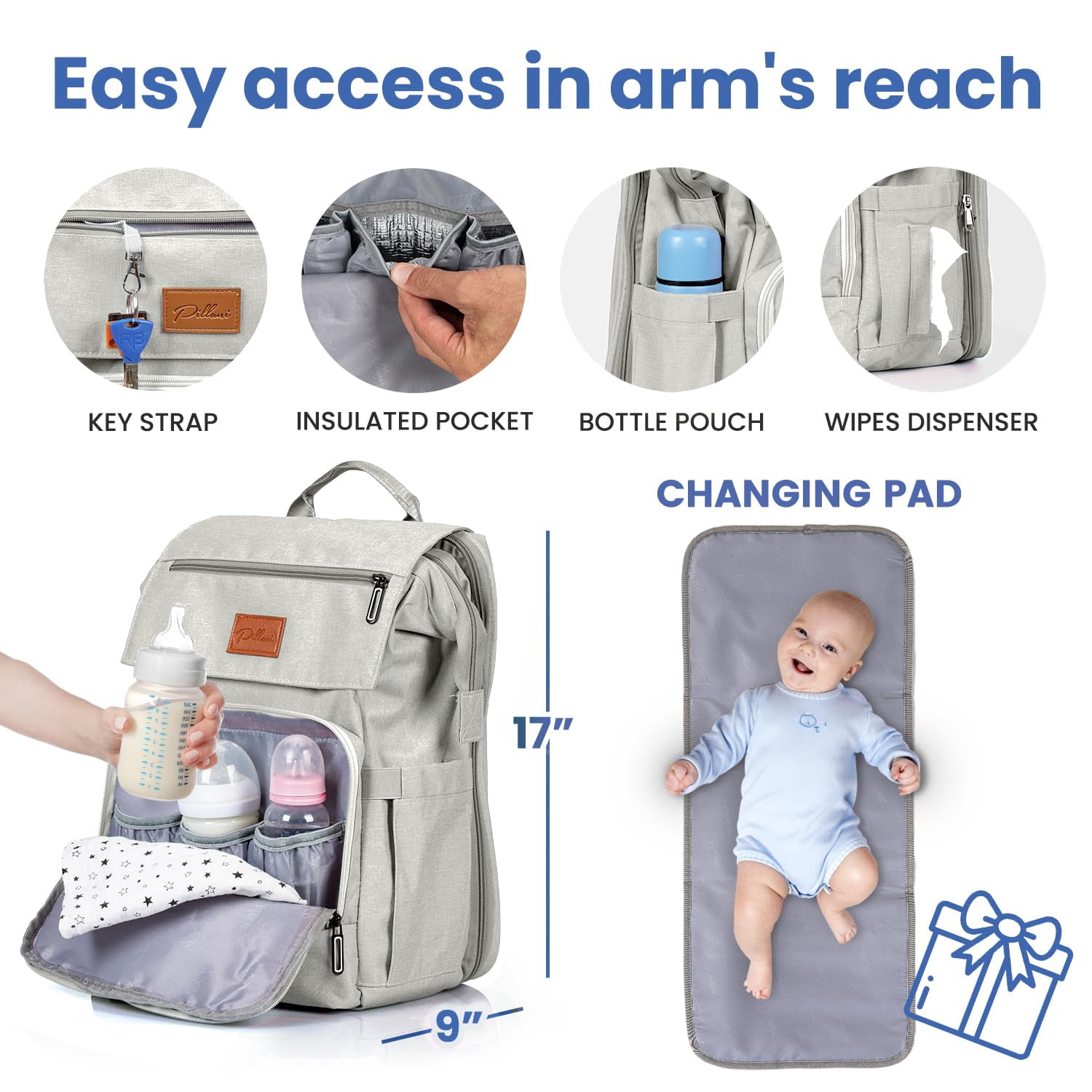 PILLANI Baby Diaper Bag Backpack - Large Bag for Boys & Girls, Waterproof Diaper Backpack - Travel Diaper Bags w/Changing Pad, Baby Registry Search & Shower Gifts - Essentials Must Haves Newborn Stuf