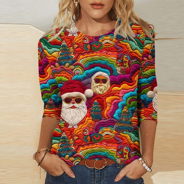 Simua Chandail de Noël pour Femmes, Manches 3/4, Col Rond, Chandail à Enfiler, Mignon, Graphique, Blouse d'Hiver, Hauts