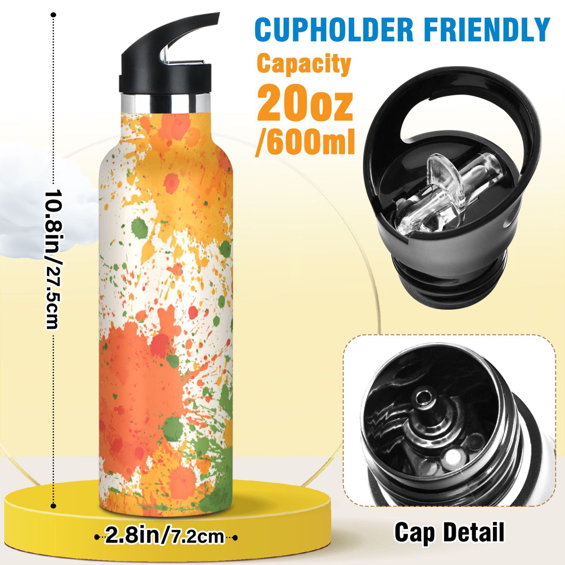Kids Insulated Stainless Steel Sports Water Bottle 600ml (20oz) Paint Splatter Pattern