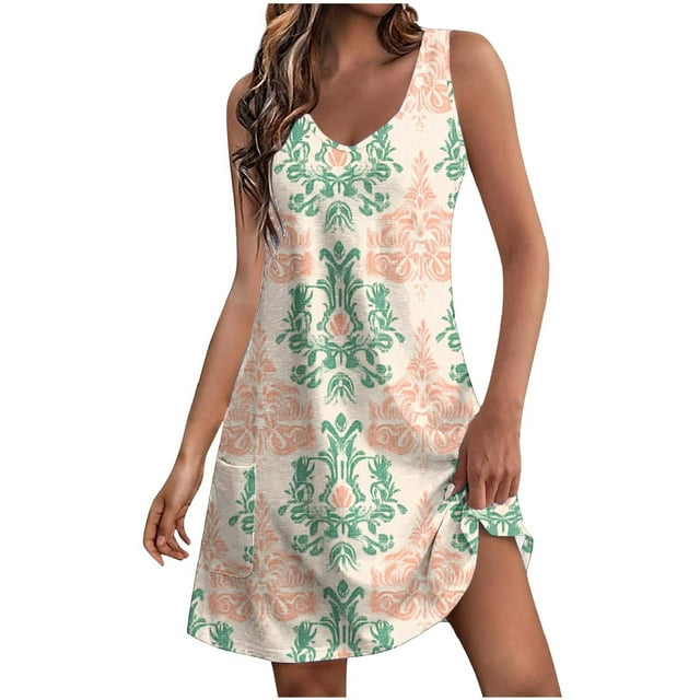 Ovzne Robes d'Été pour Femmes 2025 Robe Femme Robe d'Été Décontractée Mode Imprimée avec Poches Sans Manches Col en V Robe Imprimée en Liquidation