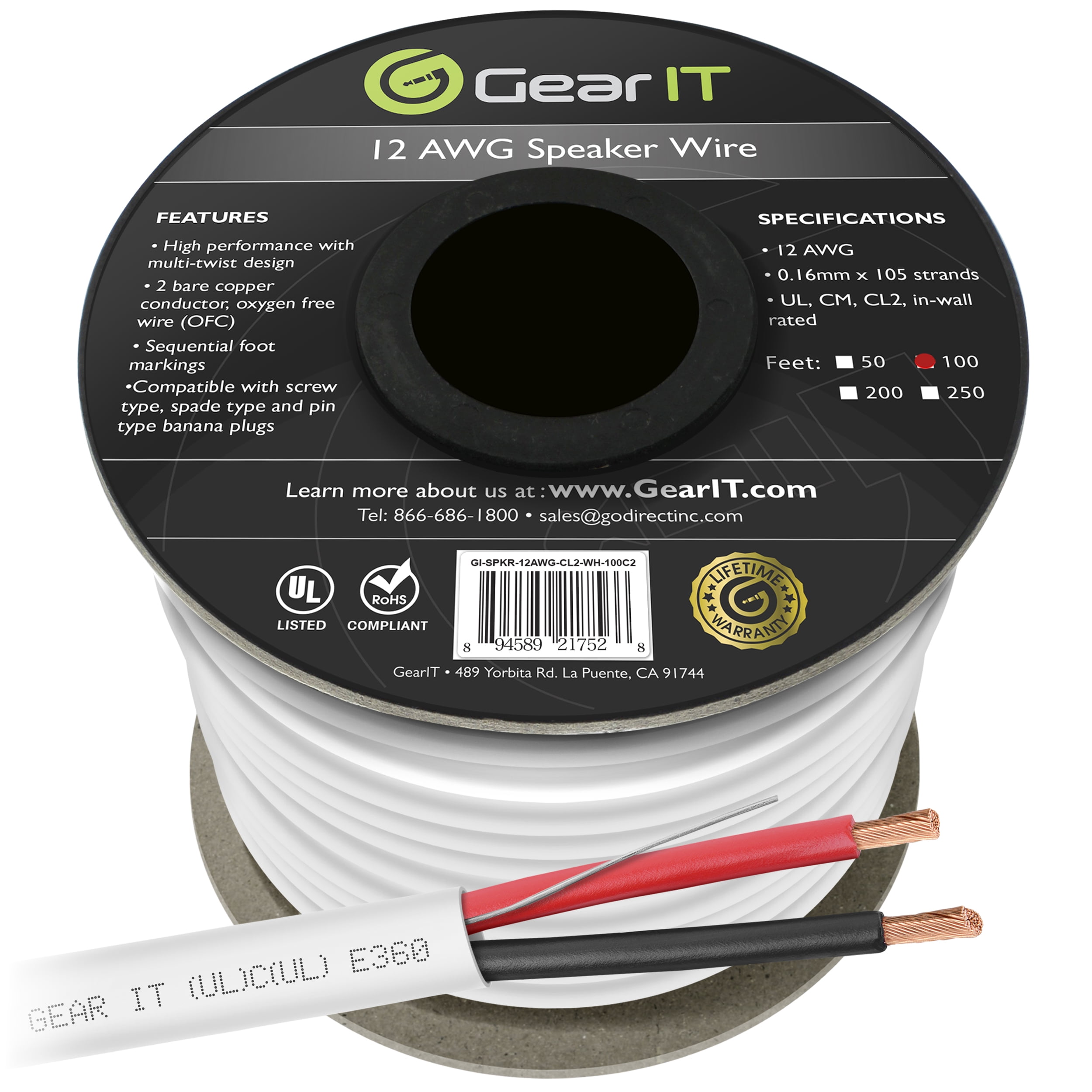 12 Gauge CL2 OFC Speaker Wire, GearIT Pro Series 12AWG (100 Feet / 30.48 Meters / White) Oxygen