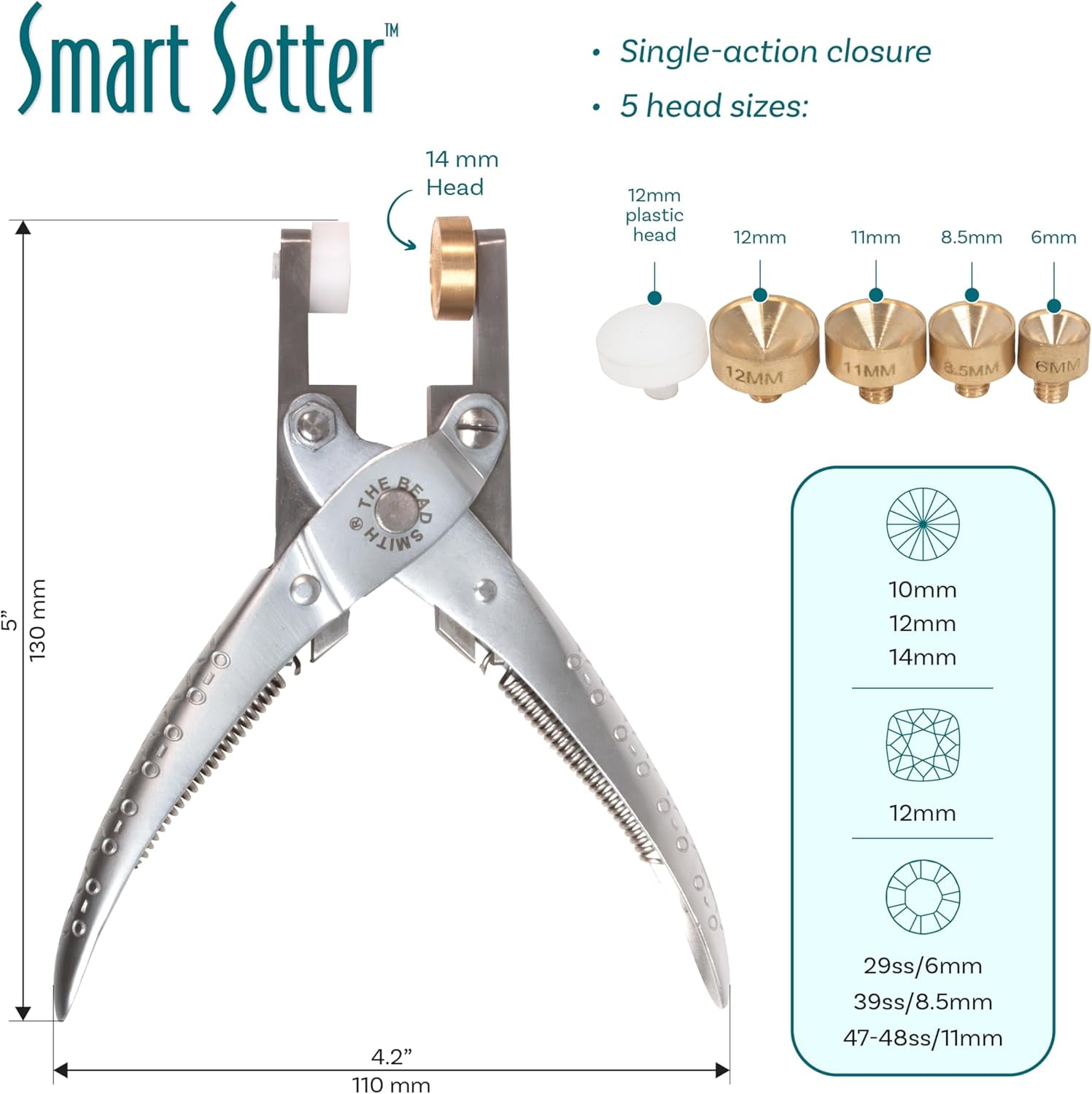 The Beadsmith Smart Setter Parallel Pliers - 5" Cup Chain Tool for Gemstone Setting, Polished Steel, 5 Brass Setting Heads Sizes (14mm, 12mm, 11mm, 8.5mm, 6mm) & 12mm Plastic Head