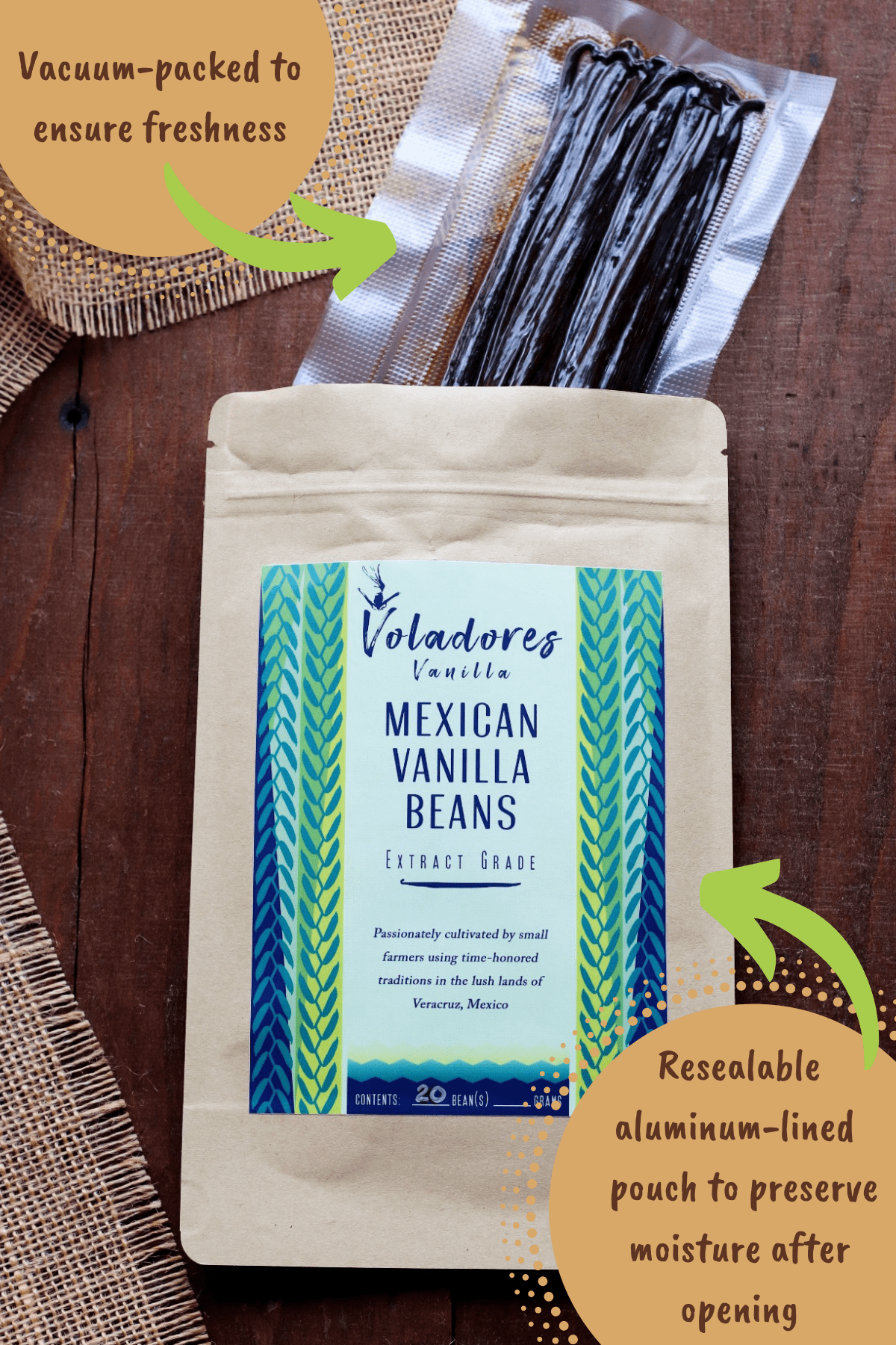 20 Extract Grade Mexican Vanilla Beans - Voladores Vanilla