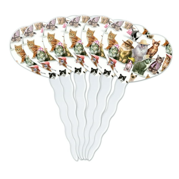 Cats Kittens in Hats Pattern Heart Love Cupcake Picks Toppers Decoration Set of 6