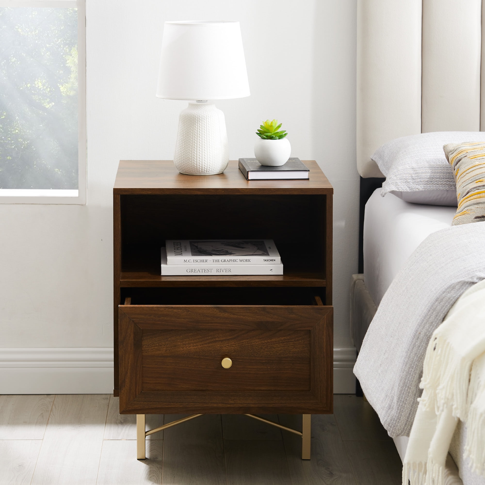 Walker Edison Modern Single Drawer Nightstand, Dark Walnut