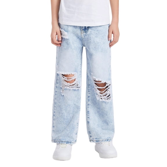 YunPes Boys Baggy Jeans Ripped Denim Pants Casual Classic Straight Wide Leg Distressed Jeans Y2K Hip Hop Cargo Trousers Washed Jean