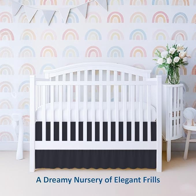 1 Piece 100% Egyptian Cotton 800 Thread Count Crib Ruffle Bed Skirts for Baby Girls (28” x 52” x 10") Inch Crib Ruffle Bed Skirts - Black Solid