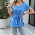 thumbnail image 2 of Women's Summer Tops Tie Front Pleated Tunic Ruffle Sleeve Shirts Fashion Casual Loose Fit Solid Color Blouses (2XL, Blue), 2 of 6