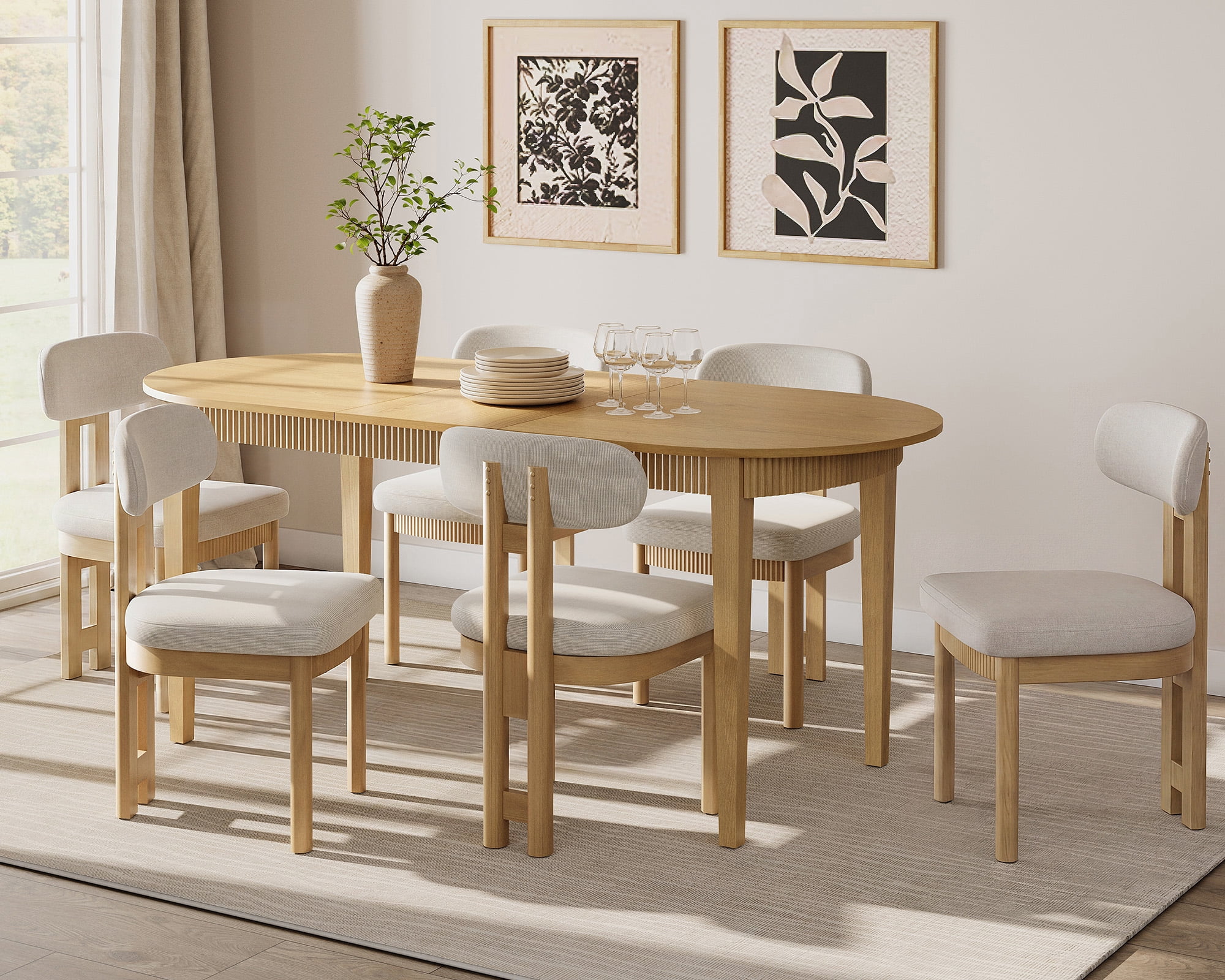 7 Piece Modern Dining Table Set, 73" Solid Wood Oval Dining Table with 6 Polyester Chairs, Dining Set with Fluted Apron for Kitchen & Dining Room
