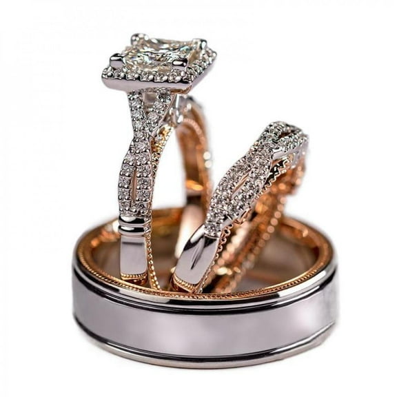 VOLALO 3pcs His and Hers Wedding Ring Sets Couples Engagement Rings Women and Men 925 Sterling Silver AAA Cubic Zirconia Shining