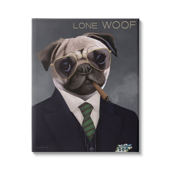 Stupell Industries Lone Woof Pug Dog Smoking Cigar Necktie Graphic Art Gallery Wrapped Canvas Print Wall Art, Design by Diane Neukirch