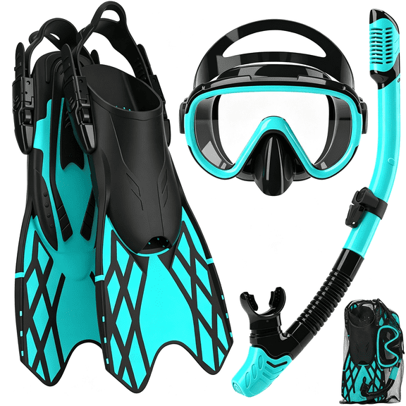 ACDANC 4 in 1 Snorkeling Gear for Adults - Genuine Advanced Anti-Fog Panoramic Mask, Dry Top Snorkel, Fins & Travel Bag for Snorkeling, Swimming and Travel