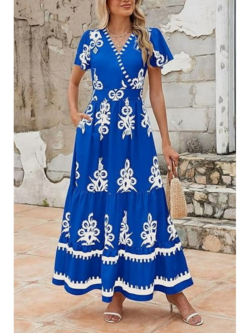 PRETTYGARDEN Womens Summer Maxi Dress, V Neck, Flowy A Line, Bell Sleeve,  Tiered Floral, Pockets - Walmart.com