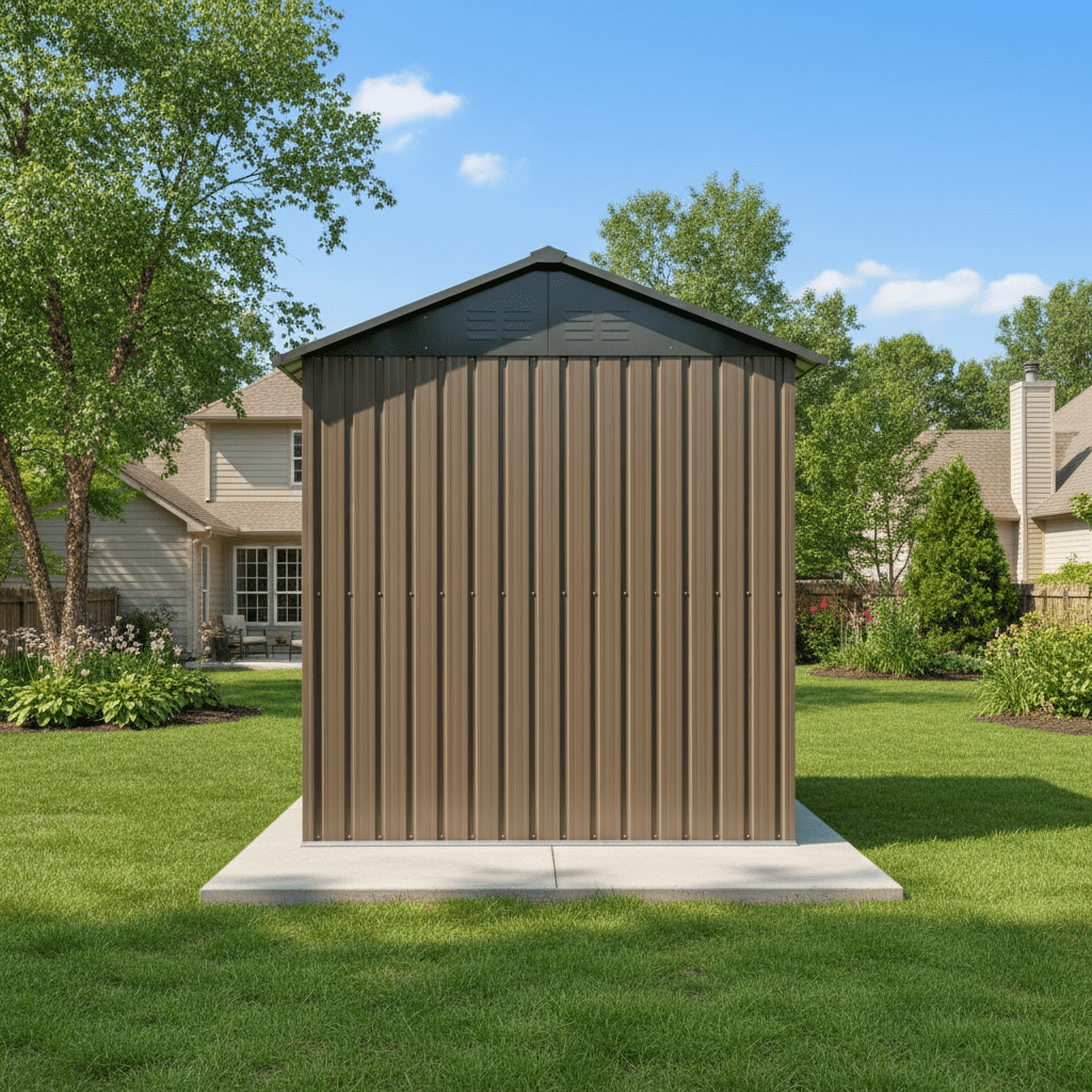 Mintazer 8×6ft Metal Outdoor Storage Shed with Lockable Sliding Doors & Window, Weatherproof Garden Tool Shed, Brown