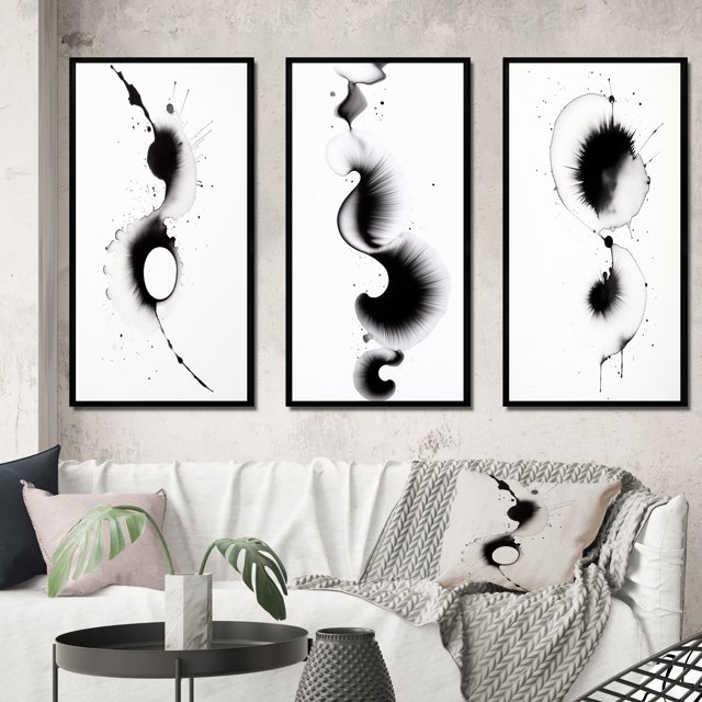 Designart "Monochromatic Symphony Subtle Ink IV" Abstract Painting Framed Wall Art Set Of 3 - Black Modern Frame Gallery Wall Set For Home Decor