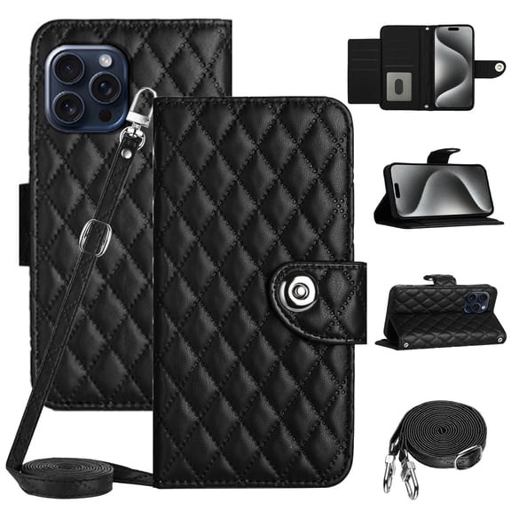 SaniMore Case for iPhone 15 Pro, PU Leather 3D Lattice Stylish for Girls Crossbody Lanyard Flip Kickstand Card Slots Cash Pocket Magnetic Clasp Full Body Protective Shockproof Wallet Shell, Black