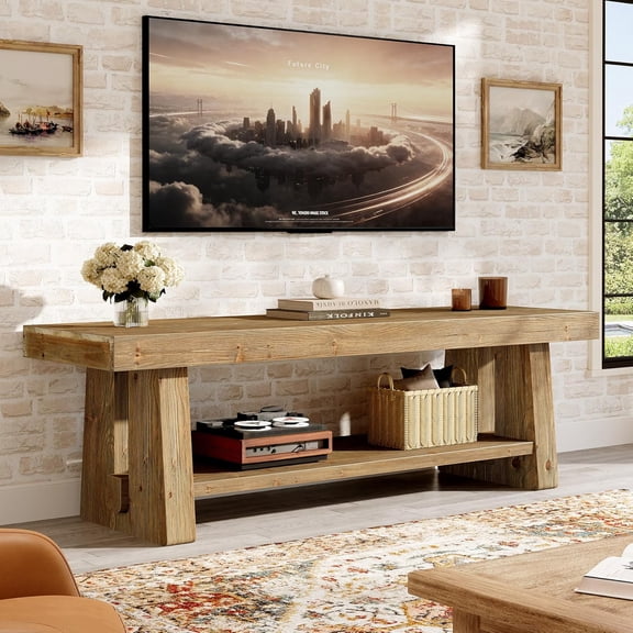 63-Inch Solid Wood TV Stand, 2-Tier Farmhouse Entertainment Center with Open Storage Shelves for Living Room