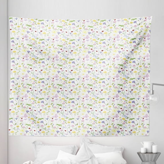 Ladybug Tapestry, Butterfly Soft Toned Blossom Flora Daisy Aster Bluebell Chamomile Clover Petals, Fabric Wall Hanging Decor for Bedroom Living Room Dorm, 5 Sizes, Multicolor, by Ambesonne