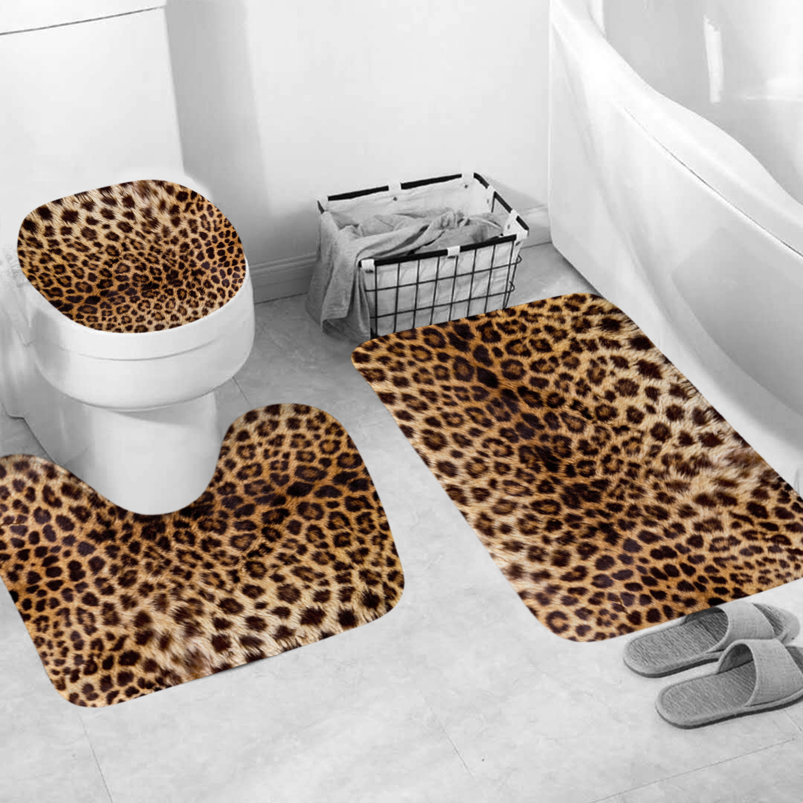 Hadint 4Pcs Brown Leopard Print Pattern Shower Curtain Set, Shower Curtain and Rug Set, 12 Pcs Hooks, 71inx71in