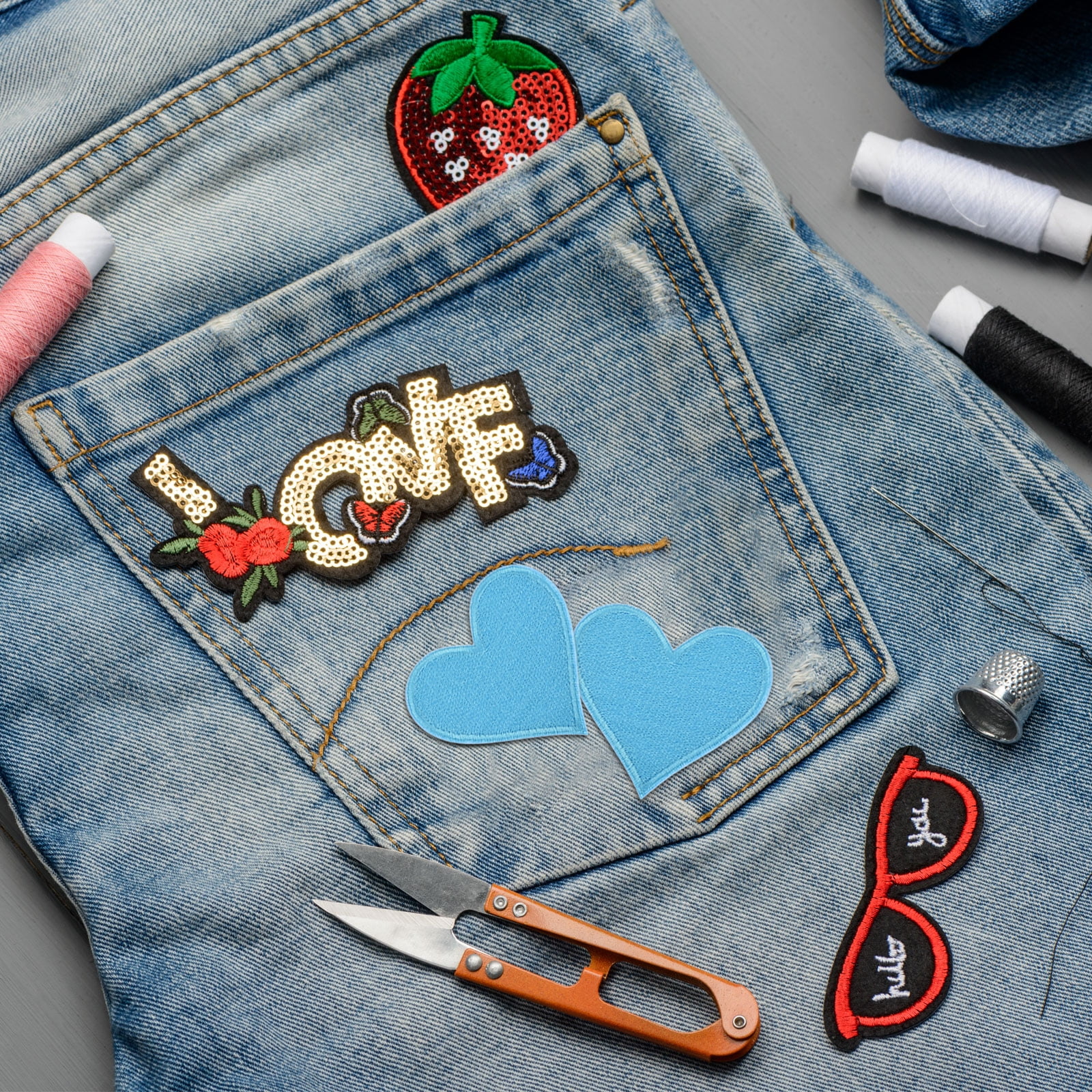 Heart Shaped Iron on Patches 6.8x7cm Embroidered Sew Patches Appliques for Clothing Repair Backpack Shoes Decoration Sky Blue 120Pcs